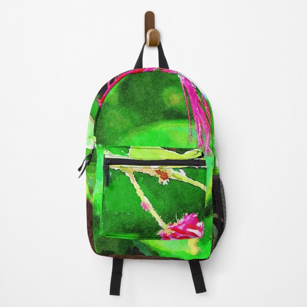 Item preview, Vibrant watercolor of a red powder puff flower in a lush green foliage designed and sold by GestaltImagery.