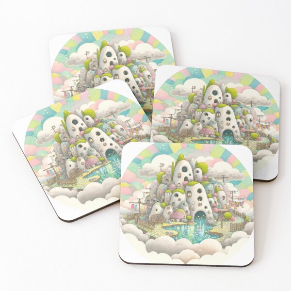 Item preview, watercolor illustration of whimsical Magical Cloud colorful Village with Reflective Pool designed and sold by ideandesign.