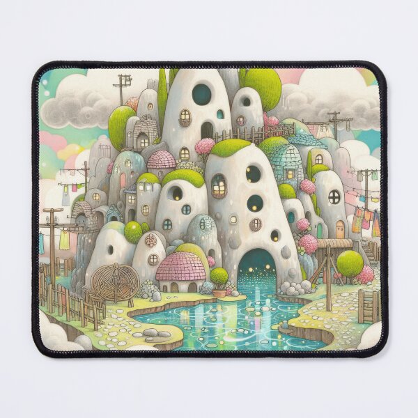 Item preview, watercolor illustration of whimsical Magical Cloud colorful Village with Reflective Pool designed and sold by ideandesign.
