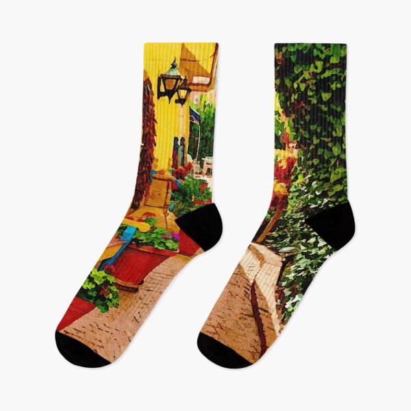 Item preview, Colorful street scene in Old Town Albuquerque with potted plants and benches designed and sold by GestaltImagery.