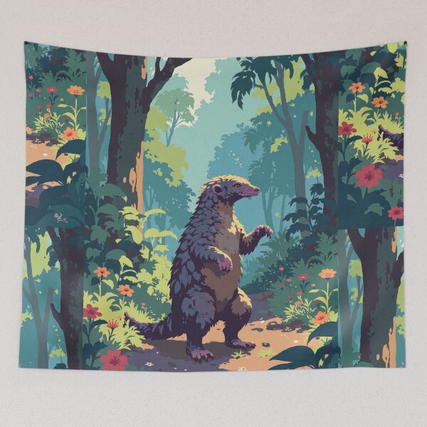 Item preview, Vibrant observer pangolin standoff amidst tropical bloom designed and sold by MadeByHaresShop.