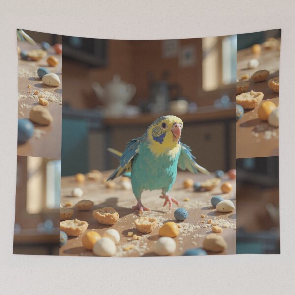 Item preview, Tiny turquoise troublemaker playful parrotlet on a toyfilled designed and sold by ShroomForge.