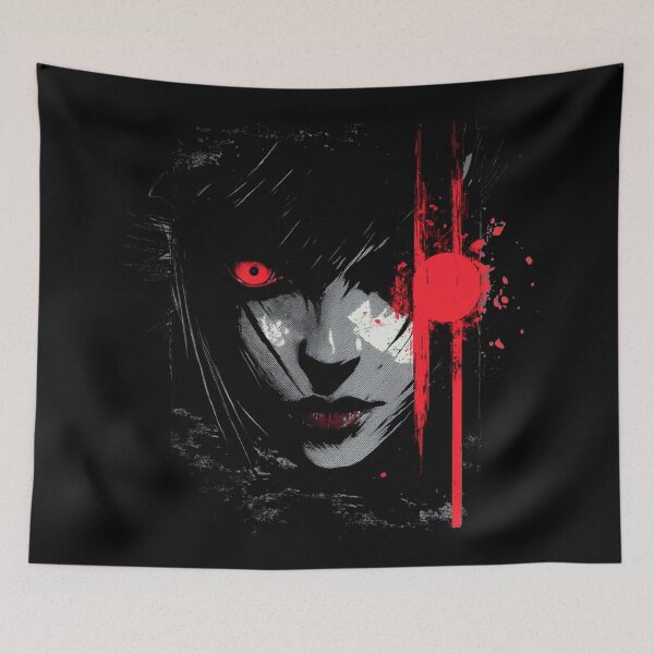 Item preview, haunting portrait of a mysterious beauty with an intense crimson gaze, captured in a gothic sty designed and sold by MOONE FLOWER.
