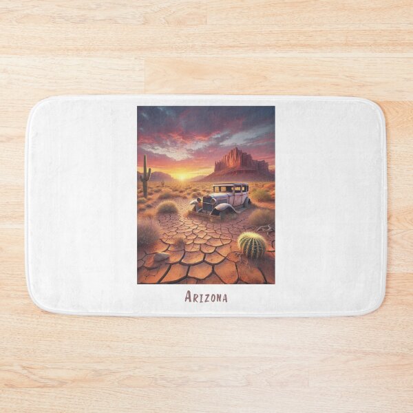 Artikelvorschau, Vintage Auto Reiseplakat Arizona - Retro Design mit Wüstenlandschaft und alter verlassener Oldtimer im Sonnenuntergang entworfen und verkauft von pod24.