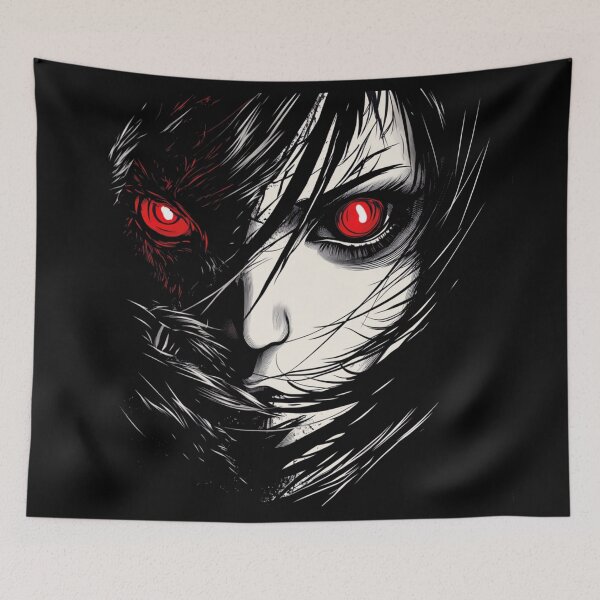 Item preview, haunting portrait of a mysterious beauty with an intense crimson gaze, captured in a gothic sty designed and sold by MOONE FLOWER.