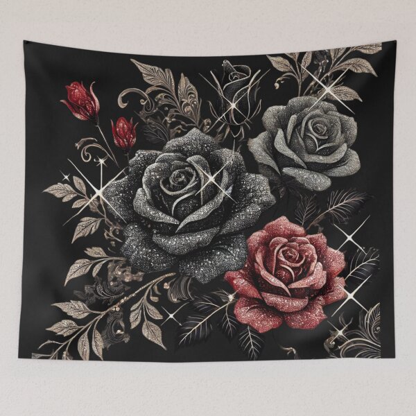 Aperçu de l'œuvre Roses gothiques : art floral scintillant noir et rouge créée et vendue par Desireehaz.