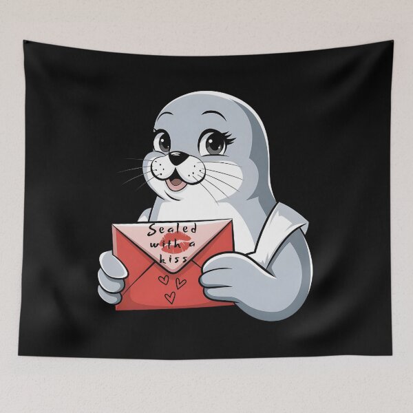 Item preview, Sealed with a kiss, Adorable Seal Holding Love Letter with a Kiss,  valentine gift      designed and sold by IceBathDESIGNS.