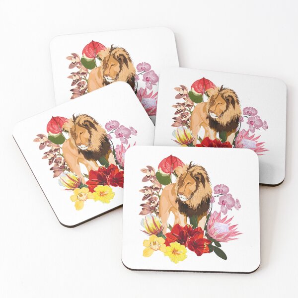 Item preview, Lion animal surrounded by tropical plants leaves and flowers composition. designed and sold by MatyKotiv.