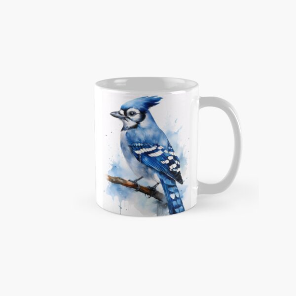Item preview, A detailed watercolor painting of a blue jay, its head turned to the side, set against a vibrant background of blue and white hues designed and sold by homydesign.