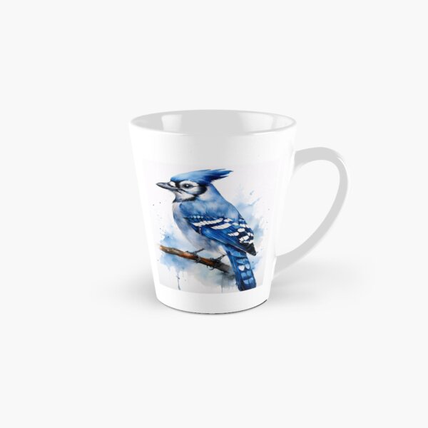 Item preview, A detailed watercolor painting of a blue jay, its head turned to the side, set against a vibrant background of blue and white hues designed and sold by homydesign.