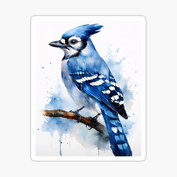 Item preview, A detailed watercolor painting of a blue jay, its head turned to the side, set against a vibrant background of blue and white hues designed and sold by homydesign.