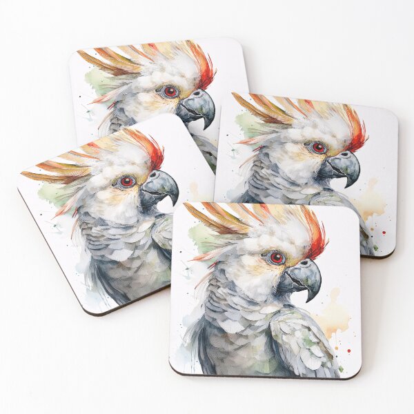 Item preview, A detailed watercolor painting of a cockatoo, its head turned to the side, set against a vibrant background of blue and yellow hues designed and sold by homydesign.