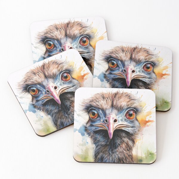 Item preview, A curious Emu stares directly into the camera with its large, expressive eyes, set against a vibrant watercolor backdrop designed and sold by homydesign.