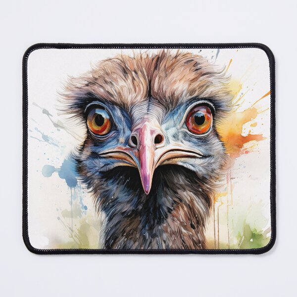 Item preview, A curious Emu stares directly into the camera with its large, expressive eyes, set against a vibrant watercolor backdrop designed and sold by homydesign.