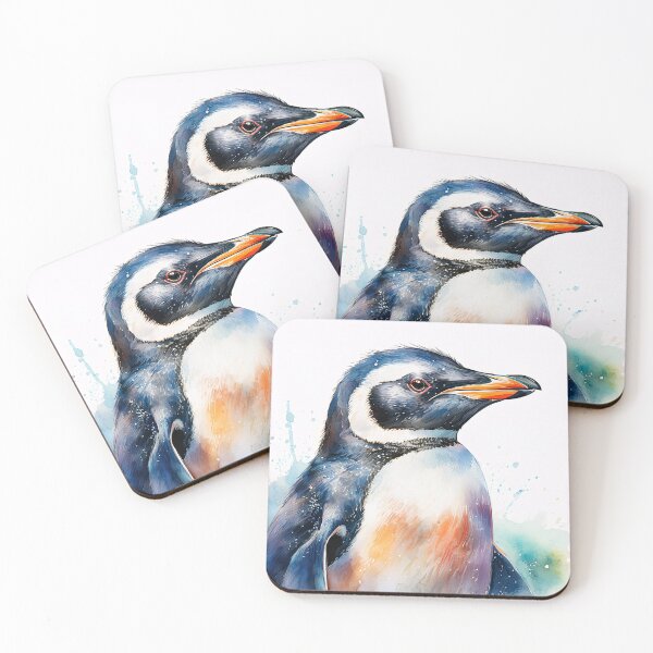 Item preview, A close-up illustration of a penguin's head, with a splash of blue and green watercolor in the background designed and sold by homydesign.