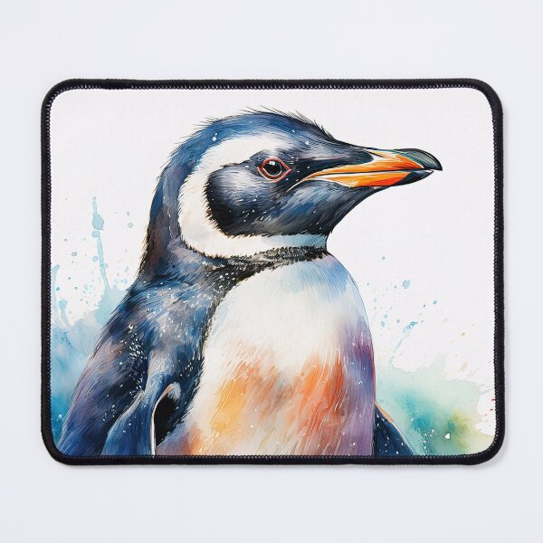 Item preview, A close-up illustration of a penguin's head, with a splash of blue and green watercolor in the background designed and sold by homydesign.