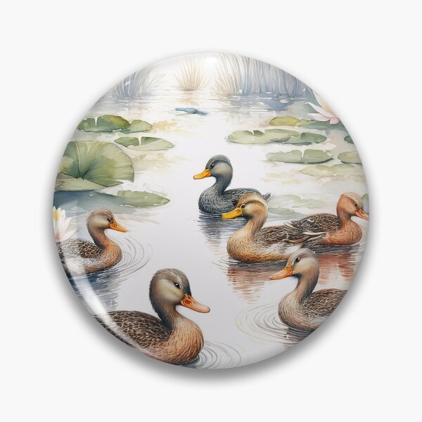 Item preview, A peaceful watercolor painting of ducks swimming in a pond with water lilies. The ducks are brown and orange, and the water lilies are white with yellow centers designed and sold by homydesign.