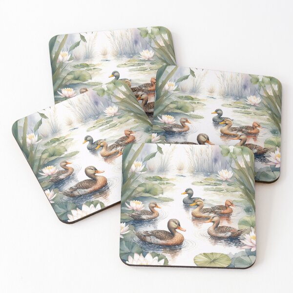 Item preview, A peaceful watercolor painting of ducks swimming in a pond with water lilies. The ducks are brown and orange, and the water lilies are white with yellow centers designed and sold by homydesign.