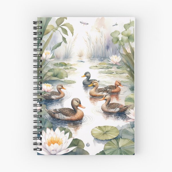 Item preview, A peaceful watercolor painting of ducks swimming in a pond with water lilies. The ducks are brown and orange, and the water lilies are white with yellow centers designed and sold by homydesign.