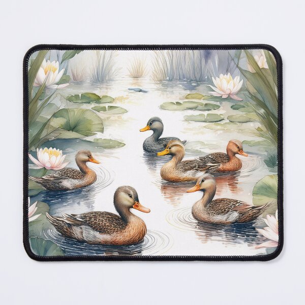 Item preview, A peaceful watercolor painting of ducks swimming in a pond with water lilies. The ducks are brown and orange, and the water lilies are white with yellow centers designed and sold by homydesign.