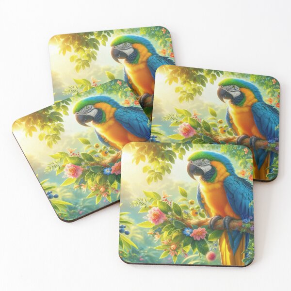 Item preview, A vibrant macaw perched in a lush forest at sunrise designed and sold by homydesign.