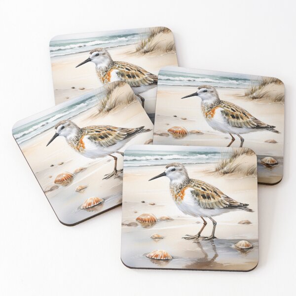 Item preview, A detailed illustration of a small shorebird with brown and white plumage, standing on a sandy beach with scattered seashells designed and sold by homydesign.