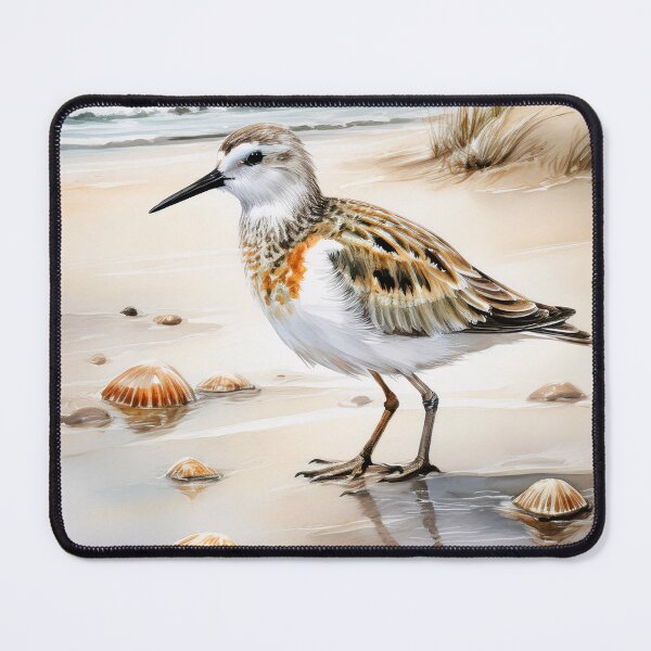 Item preview, A detailed illustration of a small shorebird with brown and white plumage, standing on a sandy beach with scattered seashells designed and sold by homydesign.