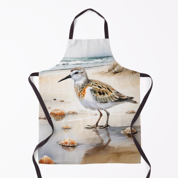 Item preview, A detailed illustration of a small shorebird with brown and white plumage, standing on a sandy beach with scattered seashells designed and sold by homydesign.