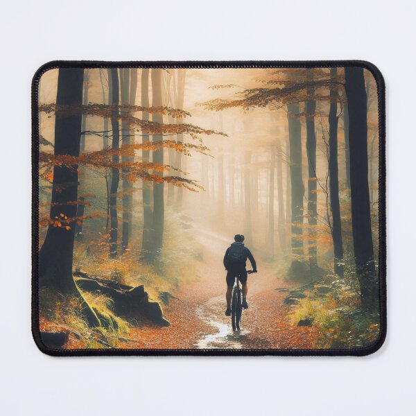Item preview, A mountain biker rides through a mystical autumn forest trail, with golden sunlight streaming through towering beech trees and fallen orange leaves designed and sold by homydesign.