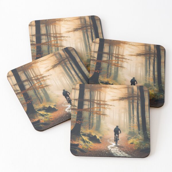 Item preview, A mountain biker rides through a mystical autumn forest trail, with golden sunlight streaming through towering beech trees and fallen orange leaves designed and sold by homydesign.
