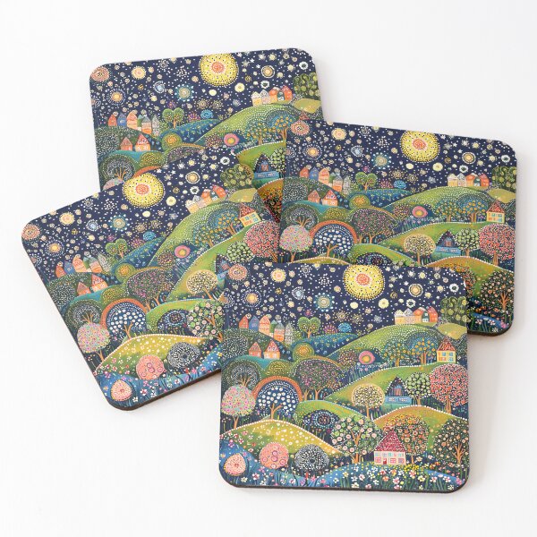 Item preview, Starry Night over the Green Hillside Town, Full Moon, Floral Landscape designed and sold by Neika Shimm Designs.