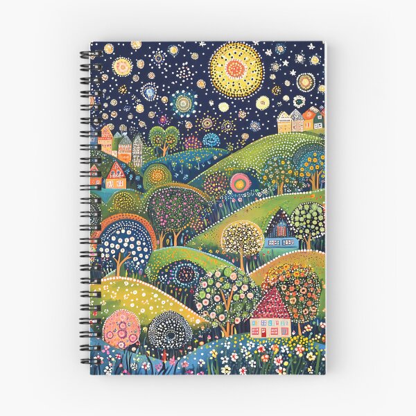 Item preview, Starry Night over the Green Hillside Town, Full Moon, Floral Landscape designed and sold by Neika Shimm Designs.
