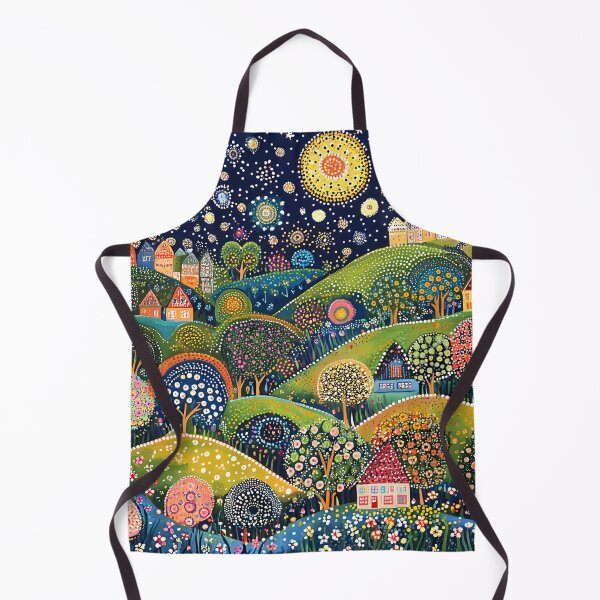Item preview, Starry Night over the Green Hillside Town, Full Moon, Floral Landscape designed and sold by Neika Shimm Designs.
