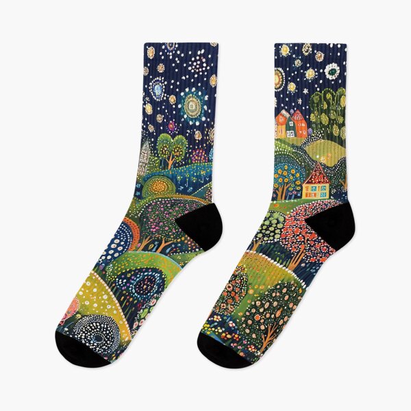 Item preview, Starry Night over the Green Hillside Town, Full Moon, Floral Landscape designed and sold by Neika Shimm Designs.