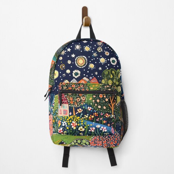 Item preview, Starry Night over the Green Hillside Town, Full Moon, Floral Landscape designed and sold by Neika Shimm Designs.