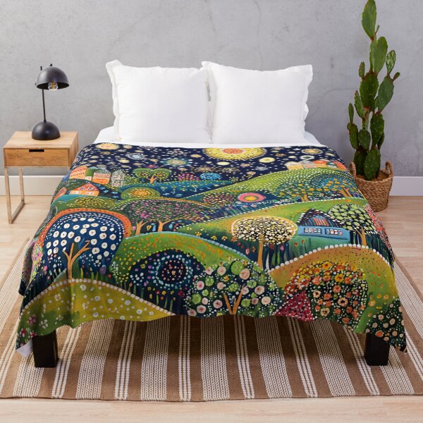 Item preview, Starry Night over the Green Hillside Town, Full Moon, Floral Landscape designed and sold by Neika Shimm Designs.