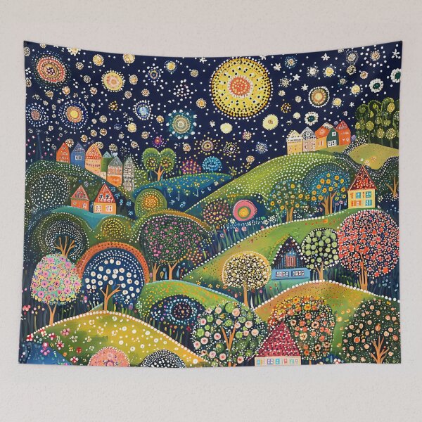 Item preview, Starry Night over the Green Hillside Town, Full Moon, Floral Landscape designed and sold by Neika Shimm Designs.