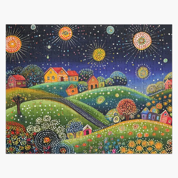 Item preview, Floral Folk Art Style Landscape with Polka Dots and Stars designed and sold by Neika Shimm Designs.