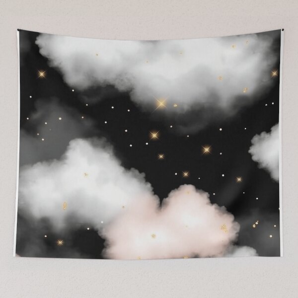 Item preview, Pink and White Clouds with Gold Stars on Black Background designed and sold by GoldenTealArts.