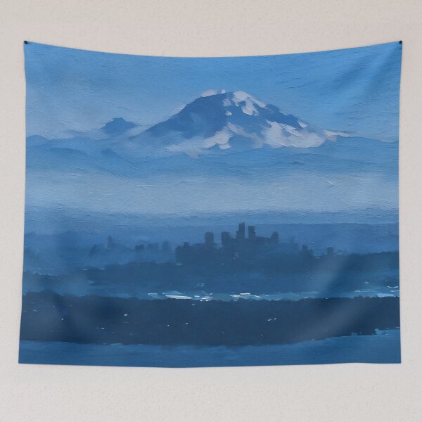 Aperçu de l'œuvre Le Mont Rainier au-dessus de Seattle (peinture à l'huile) créée et vendue par flyscenicair.