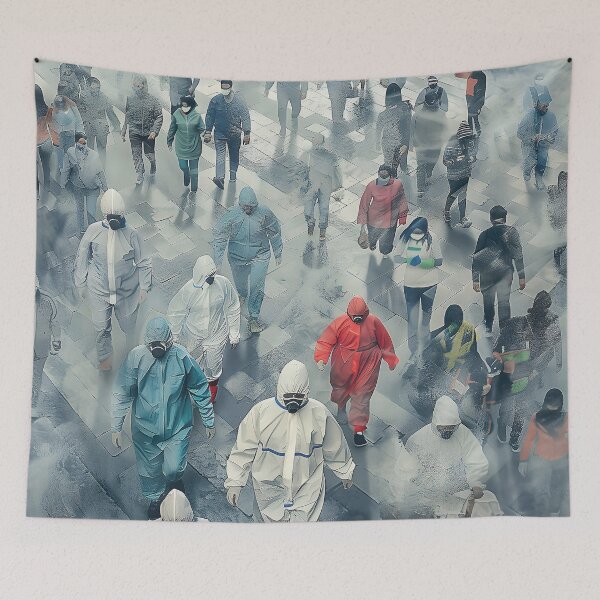 Item preview, Aerial View of Color Coded Crowd Navigating Smoggy Urban Landscape designed and sold by CheerForGoods.