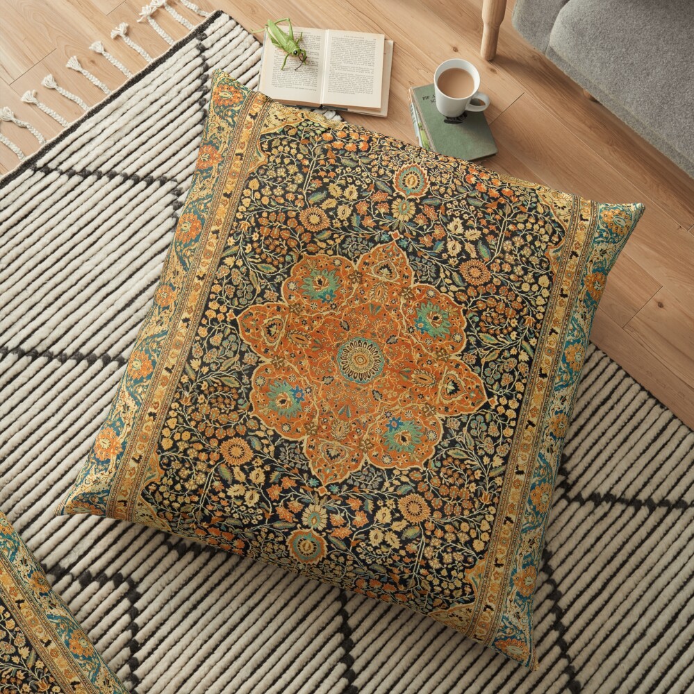 Antique Mohtashem Kashan Persian Rug Print Floor Pillow