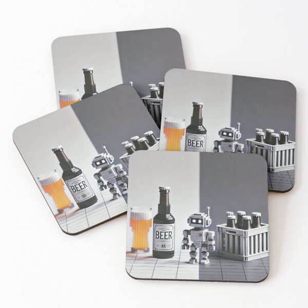 Item preview, Simple Pixel Things: A Crate Of Beer - Pixelated Beer and Robot Scene (Toy-Like, Pixel Art, Amber Liquid, Gradient Background) designed and sold by TrippyBunnyShop.
