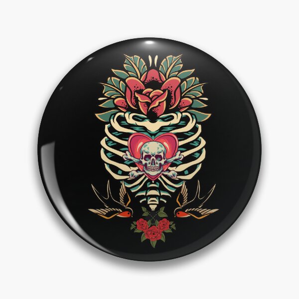 Item preview, Rockabilly, old school tattoo motif, rib cage with swallows and flowers designed and sold by CorvusLunaArt.