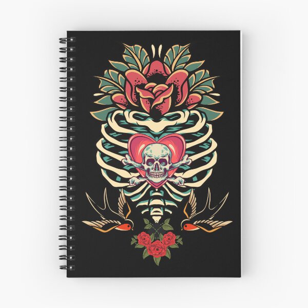 Item preview, Rockabilly, old school tattoo motif, rib cage with swallows and flowers designed and sold by CorvusLunaArt.