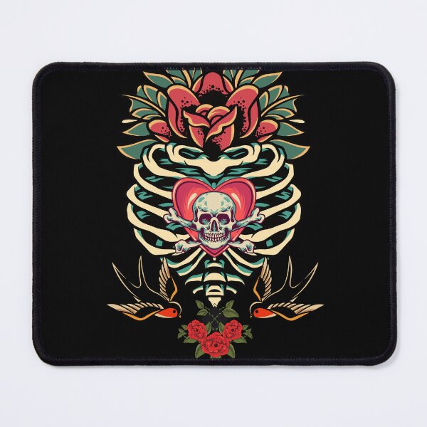 Item preview, Rockabilly, old school tattoo motif, rib cage with swallows and flowers designed and sold by CorvusLunaArt.