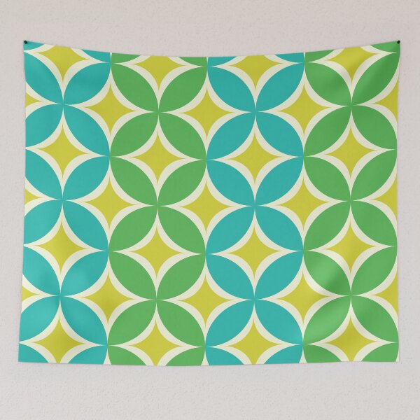 Item preview, Mid Century Yellow Atomic Starbursts on Green and Teal Circles Pattern  designed and sold by Yasminepatterns .