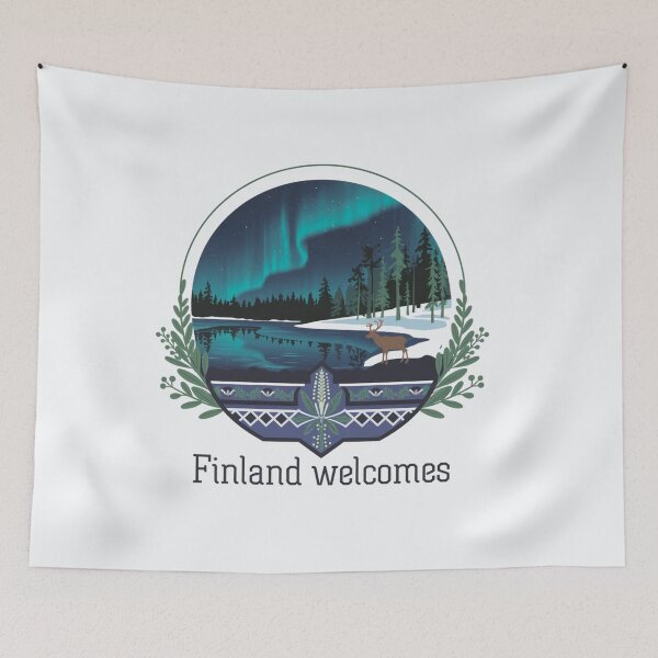 Item preview, Finland Welcomes Flag Map Helsinki, sauna, lakes designed and sold by AnimalsDH305.