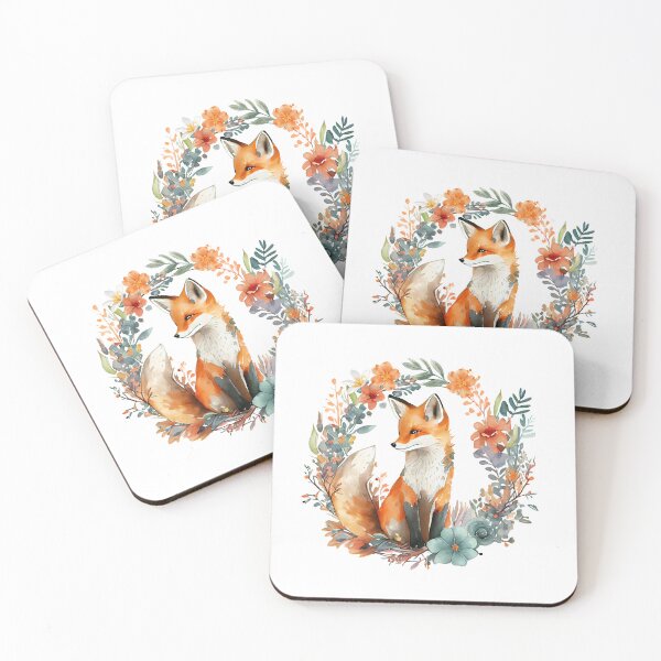 Item preview, watercolor fox with flowers designed and sold by CorvusLunaArt.