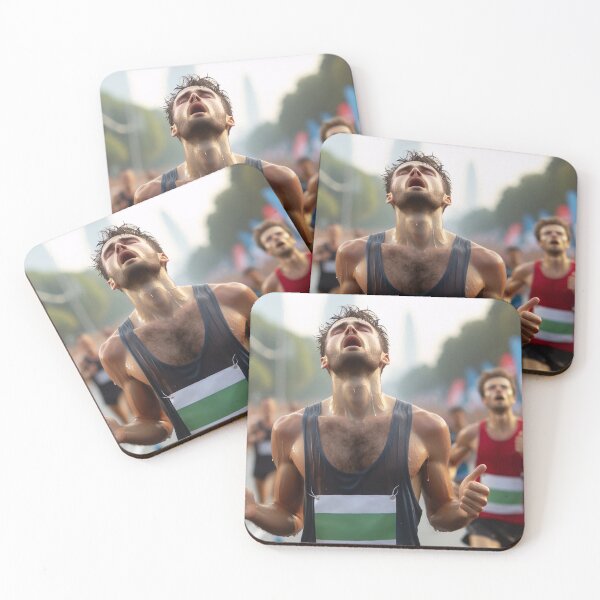 Item preview, Two runners in a race, one in the foreground wearing a dark tank top and bib with a green stripe, and another in the background wearing a red tank top designed and sold by homydesign.